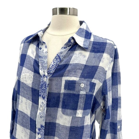 NWT Caribbean Joe Deep Surf Checker Blue White Button Shirt Top Womens Large - Picture 2 of 8